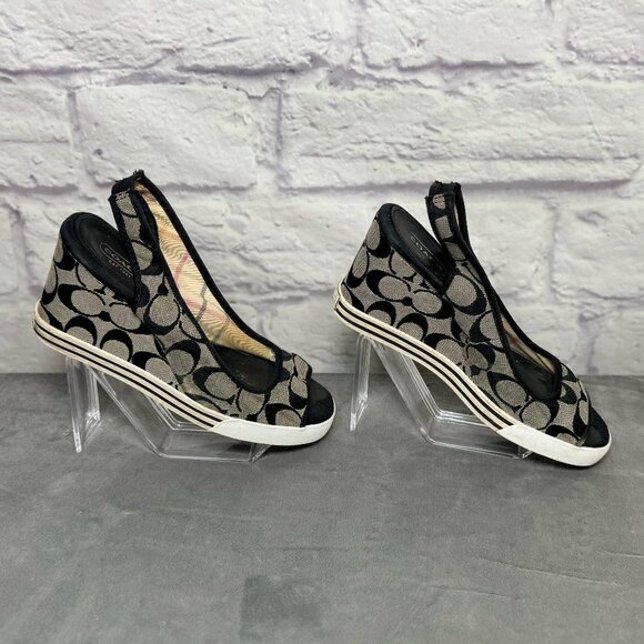 Coach Shoes - Coach Sydney Black & White Slingback Wedge Sandals